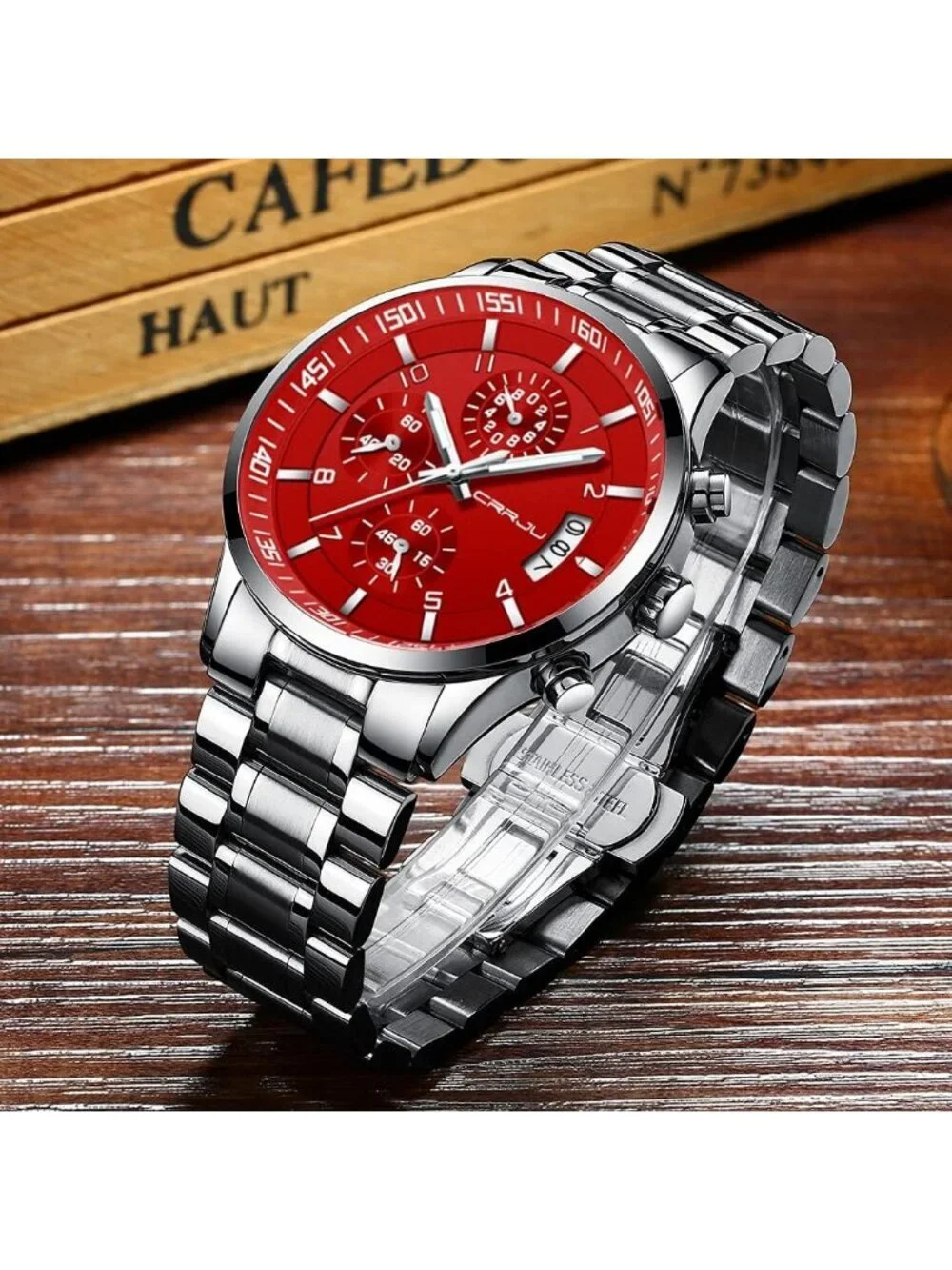 Men's Silver And Red Analog Stainless Steel Waterproof Chronograph Wrist Watch